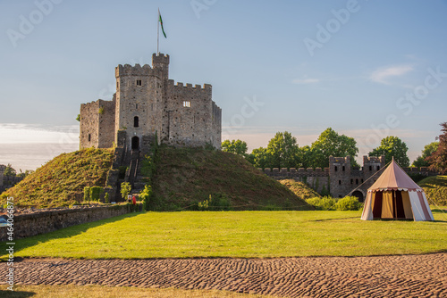 Norman Keep, with Welsh Flag and norman tent Cardiff Castle,Panoramic, Autumn, Cardiff, Wales, UK photo