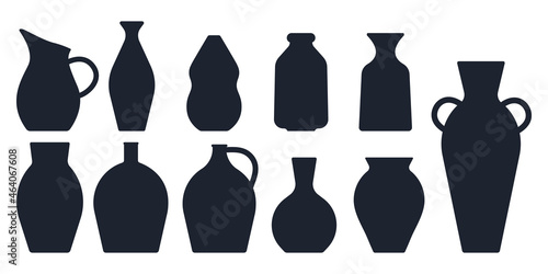 Set of acient ceramic vases silhouettes. Black stamps of wine jar  amphora  urn  vase  pot  pitcher. Collection of handmade ceramics stencils. Pottery elements. Vector illustration in flat style