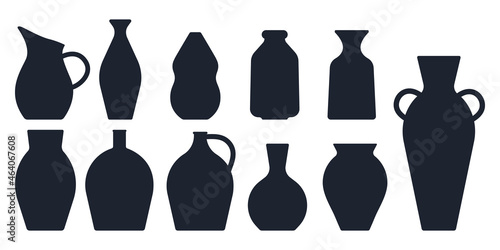 Set of acient ceramic vases silhouettes. Black stamps of wine jar, amphora, urn, vase, pot, pitcher. Collection of handmade ceramics stencils. Pottery elements. Vector illustration in flat style