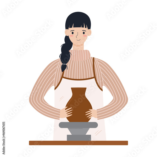 Young female character making clay vase on a wheel. Pottery workshop concept. Sculptor girl creating ceramic pot. Craft hobby vector illustration in flat style