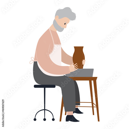 Senior adult male character making clay vase on a wheel. Pottery workshop concept. Old sculptor man creating ceramic pot. Craft hobby vector illustration in flat style