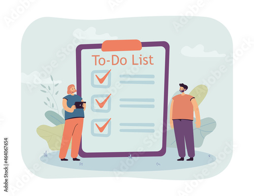 Team of tiny people working on to do list with checkmarks. Man and woman planning business tasks flat vector illustration. Plan, organization concept for banner, website design or landing web page