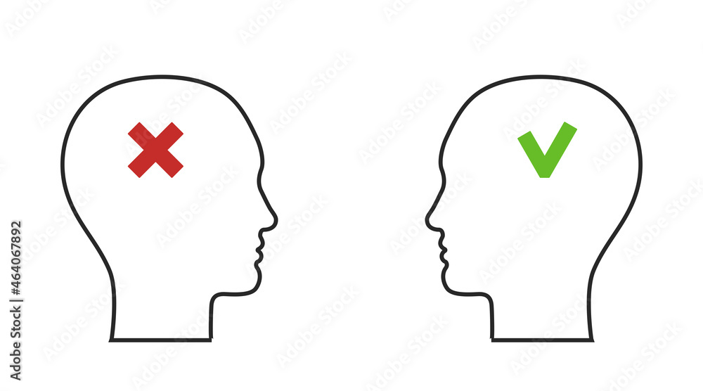 Positive and negative mindset. Human head icons with tick and cross. Positive and negative mindset. Human head icons with tick and cross.