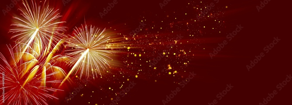 Naklejka premium Horizontal panoramic banner with fireworks for anniversary, new year, event and festival. Dark red background with golden firework and space for text