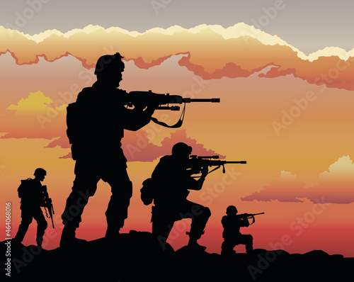 four soldiers sunset scene