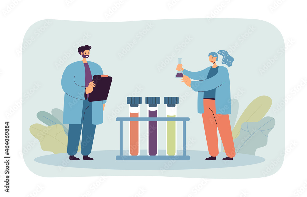 Scientists researching with test tubes in laboratory. Tiny researchers working on scientific experiment flat vector illustration. Science concept for banner, website design or landing web page Scientists researching with test tubes in laboratory. Tiny researchers working on scientific experiment flat vector illustration. Science concept for banner, website design or landing web page