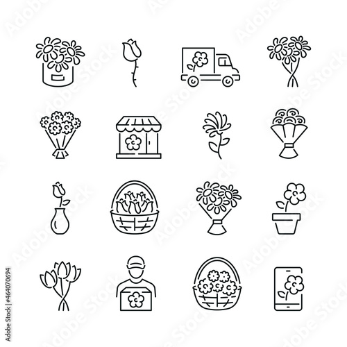 Flower bouquet related icons: thin vector icon set, black and white kit