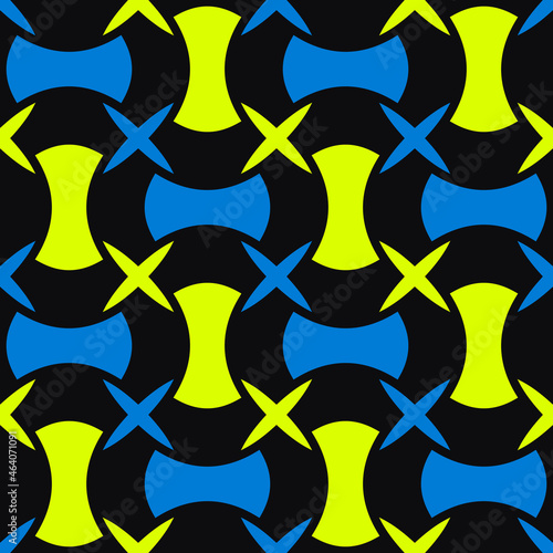 Blue and yellow cross shapes and dented pillows. Vector abstraction.