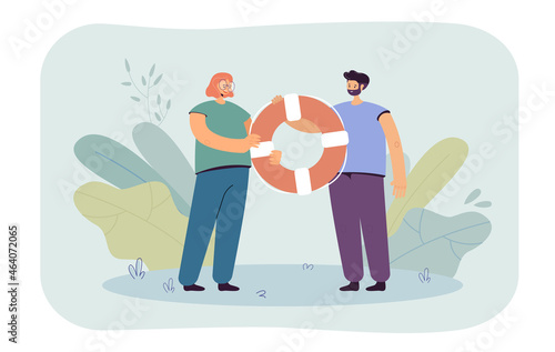 People holding lifebuoy together. Man and woman helping people with problem flat vector illustration. Customer support service, help in crisis concept for banner, website design or landing web page