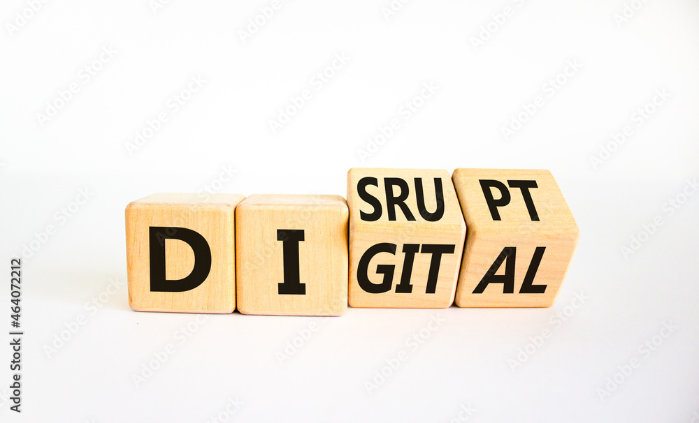 Digital or disrupt symbol. Turned cubes and changed the word 'digital' to 'disrupt'. Beautiful white background. Business digital or disrupt concept. Copy space. Digital or disrupt symbol. Turned cubes and changed the word 'digital' to 'disrupt'. Beautiful white background. Business digital or disrupt concept. Copy space.