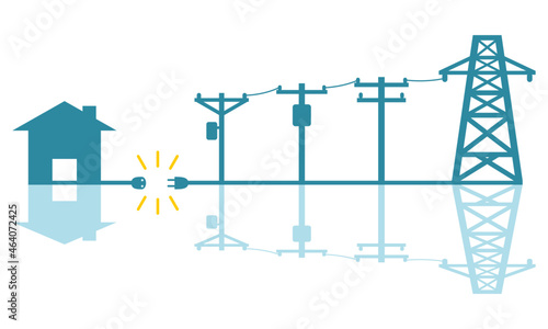 Electric poles to transmit electricity to house or home power failure outage plug and socket unplug blue icon on white background flat vector design.