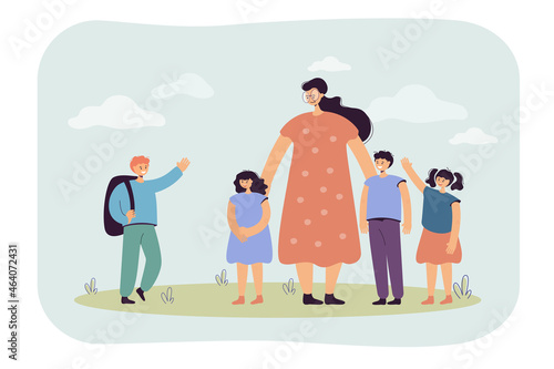 Mother with preschool children and schoolboy standing together. Boy going to school for first time flat vector illustration. Elementary school concept for banner, website design or landing web page