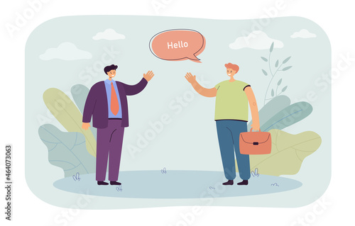 Male cartoon colleagues greeting at work. Coworkers saying hello and waving flat vector illustration. Communication, cooperation, friendship concept for banner, website design or landing web page