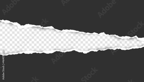 Realistic, torn, ripped strip of dark grey paper with a light shadow on a transparent background. Torn cardboard.