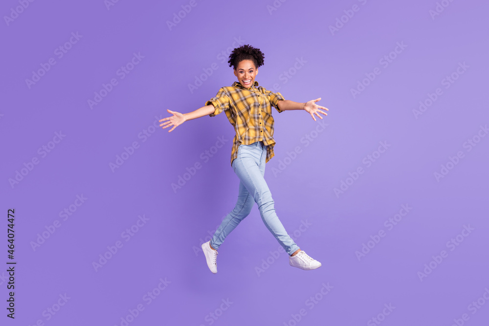 Full length profile side photo of young afro girl happy positive smile open arms hug jump isolated over purple color background