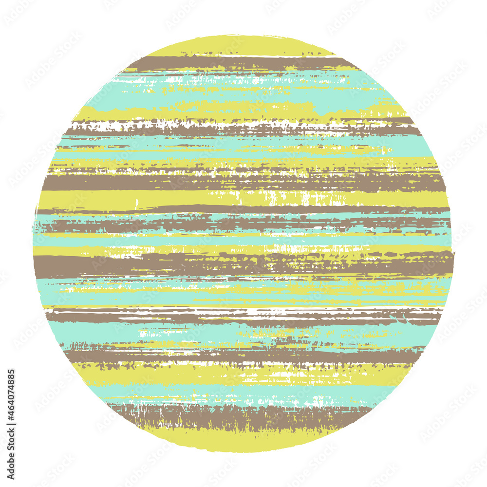 Circle vector geometric shape with striped texture of ink horizontal lines. Planet concept with old paint texture. Stamp round shape circle logo element with grunge background of stripes.