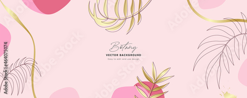Minimal background in pink colors with golden elements and outline tropical plant leaves or plant. Modern patterns with elegant luxury aesthetics cover design. 
