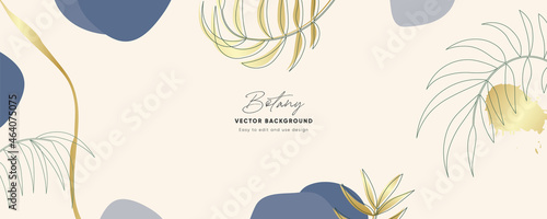 Minimal background in blue colors with golden elements and outline tropical plant leaves or plant. Modern patterns with elegant luxury aesthetics cover design. 
