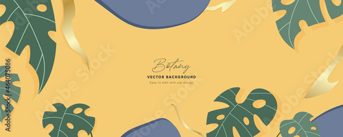 Minimal background in yellow colors with golden elements and outline tropical plant leaves or plant. Modern patterns with elegant luxury aesthetics cover design. 
