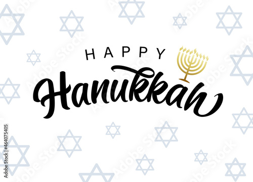 Happy Hanukkah lettering, golden menorah and david stars. Hanukka gold colors candelabrum used in Jewish worship with eight branches. Vector illustration