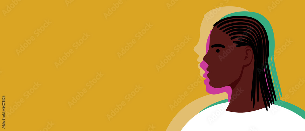 Disorder man, mental health, copy space template, flat vector illustration as a concept of depersonalization, splitting, subpersonality, schizophrenia of an African person Disorder man, mental health, copy space template, flat vector illustration as a concept of depersonalization, splitting, subpersonality, schizophrenia of an African person