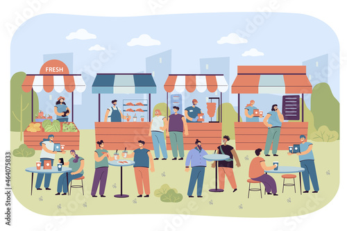 Fototapeta Naklejka Na Ścianę i Meble -  People eating in food court cafe or summer street market. Male and female characters buying food and drinks at kiosks flat vector illustration. Fair, city festival in park, hospitality service concept