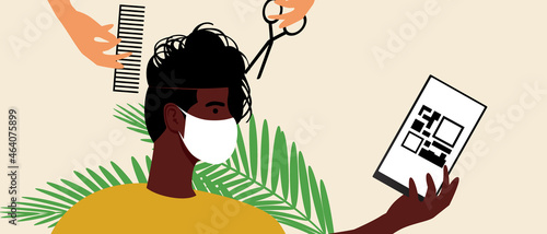 Hair cut, QR vaccination certificate, Flat vector stock illustration with African person haircut and face mask for covid protection