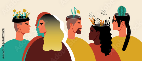 Different people, mental problems, Flat vector stock illustration, Community of people with mental disorders with cactus, flower from the head