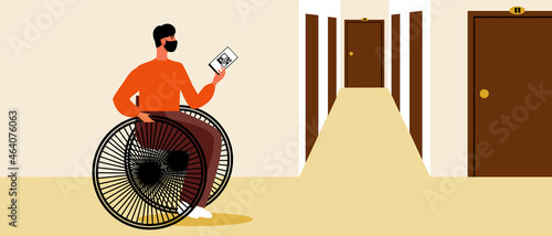 Disabled person with QR code, hotel check-in, flat vector stock illustration with inclusive hostel or dorm and QR code in the phone for booking a room