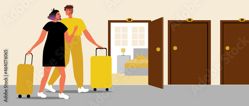 LGBTQ hostel, couple with luggage, flat vector stock illustration with check-in in hostel or dorm with lesbian women
