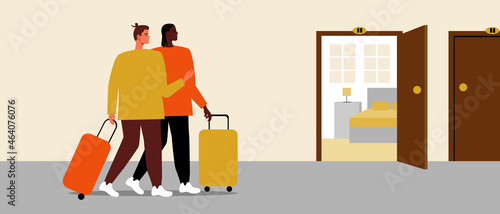 LGBTQ hostel, couple with luggage, Flat vector stock illustration with check-in in hostel or dorm, LGBTQ family room