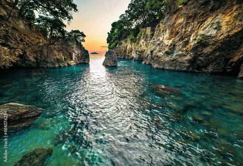 Hidden secret beach Maramozza at sunset, Lerici, Cinque Terre, Liguria