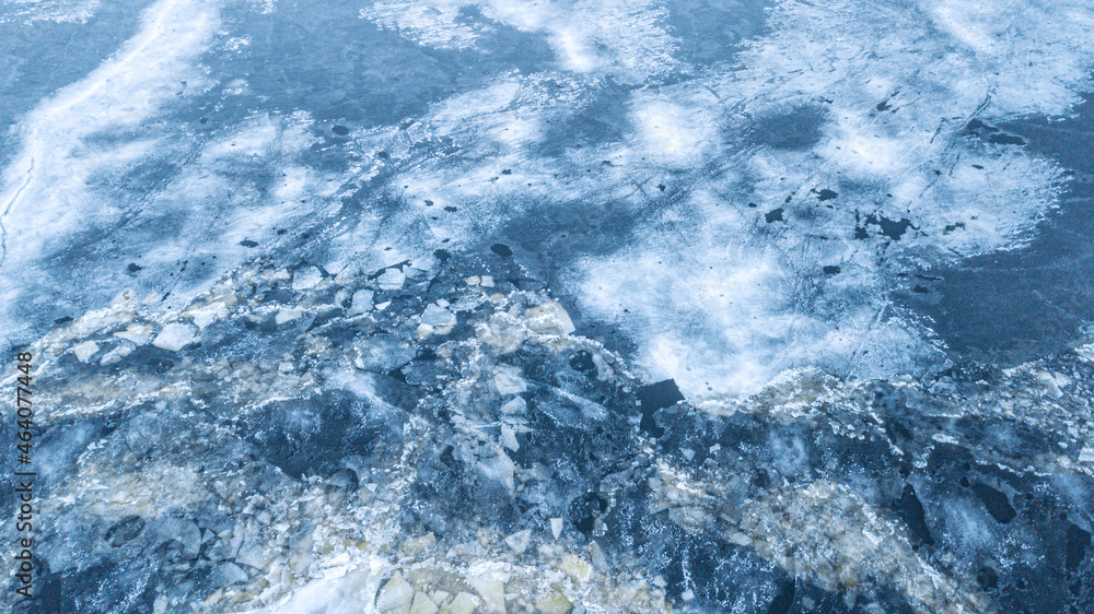 frozen sea from above. Pieces of ice. aerial view. drone shot. wonderful landscape