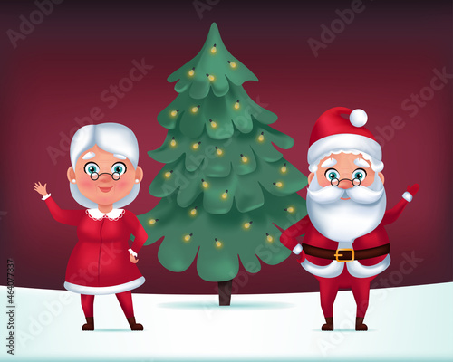 Mrs Claus and Santa Claus near Christmas tree. Cute vector isolated illustration