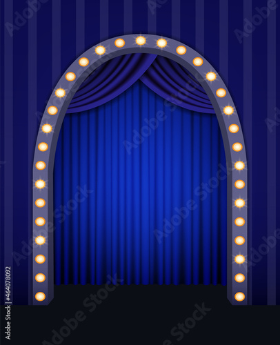 Shining light arch on the blue striped wall background with curtain