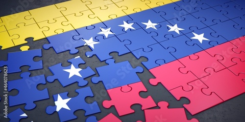 Messy pieces of puzzle with flag of Venezuela. 