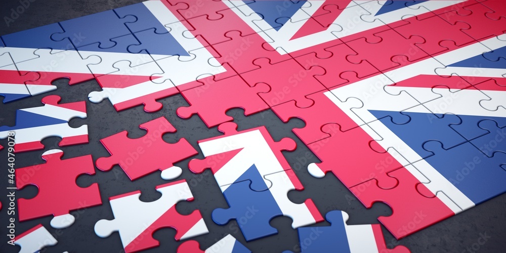Messy pieces of puzzle with flag of United Kingdom. 