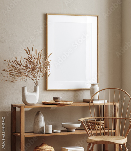 Mockup frame close up in living room interior background, 3d render