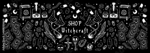 Witchcraft Attributes Collection Wizard Shop Banner Magic Elements Tarot Cards Witch Vintage Set Wicca Pagan Vector Illustration Halloween Skull Book of Darkness Scary Insects Toadstool Mushrooms