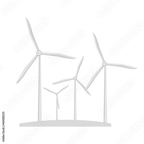 Wind turbines isolated on white background. Windmill group for electric power production. Wind power plant towers farm. Wind mill icon. Eco energy concept.Alternative energy symbol.Vector illustration