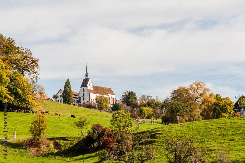 St. Chrischona, Kirche, Bettingen, Riehen, Basel, Bergstrasse, Wanderweg, Landwirtschaft, Obstbäume, Herbst, Schweiz