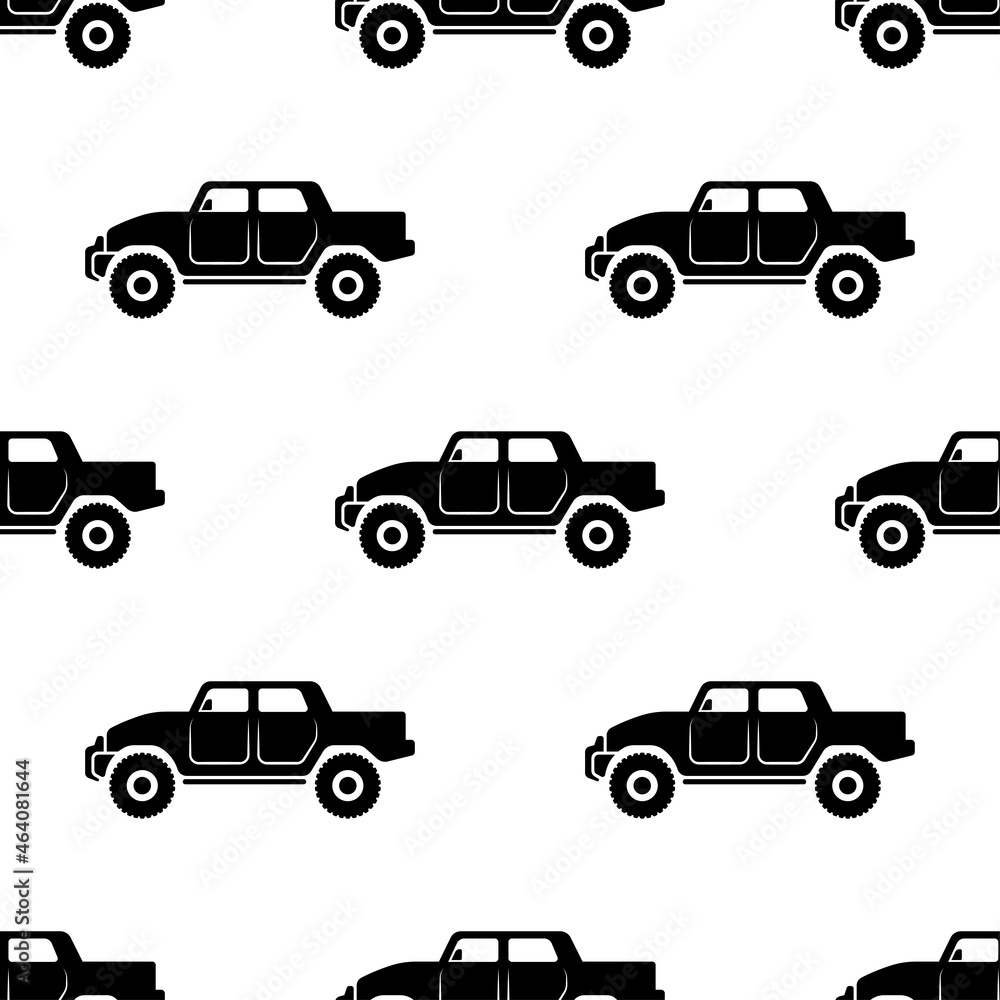 Black big off-road vehicles isolated on white background. Cute monochrome car seamless pattern. Vector simple flat graphic illustration. Texture.