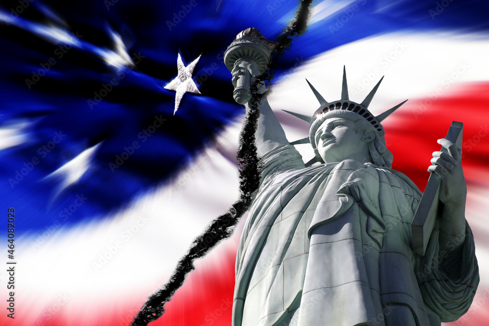 Fototapeta premium Division in America Conflict Cracked American Flag and Statue of Liberty Symbolizing Unrest in the United States