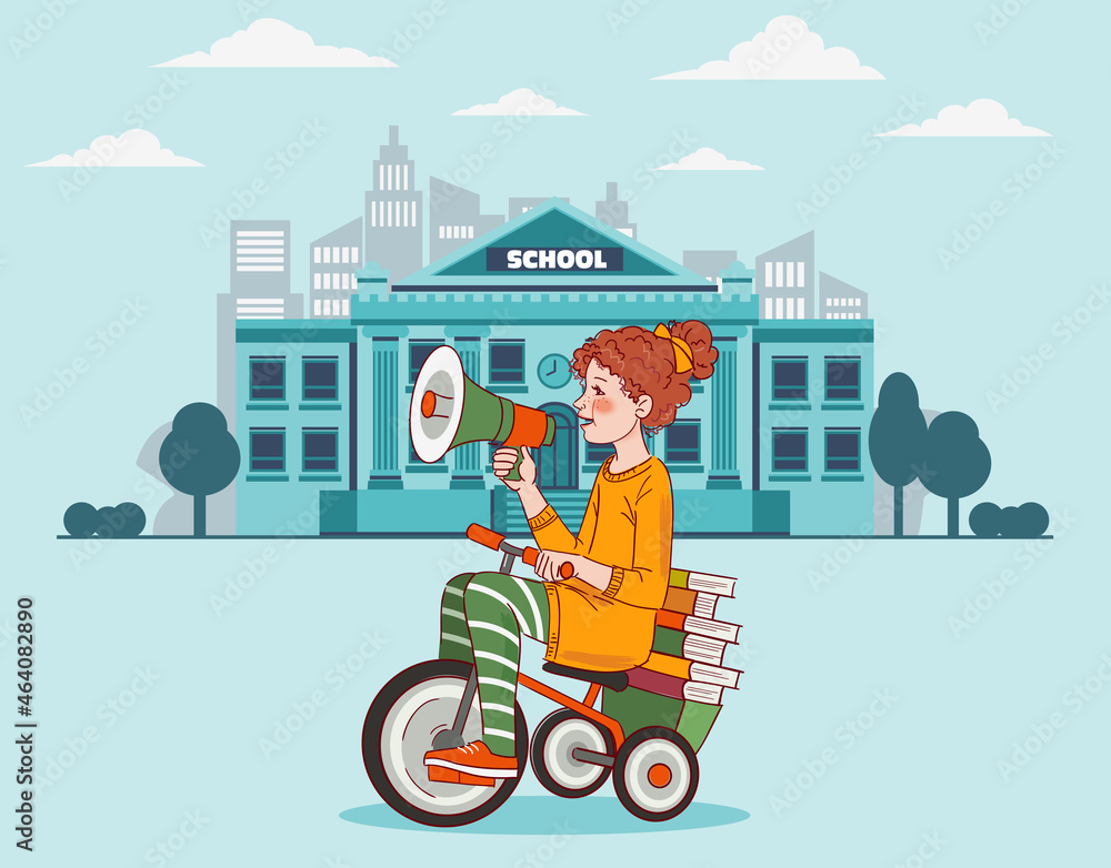 Cute kid rides on bicycle. Funny girl shouting on the megaphone. Back to school vector illustration
