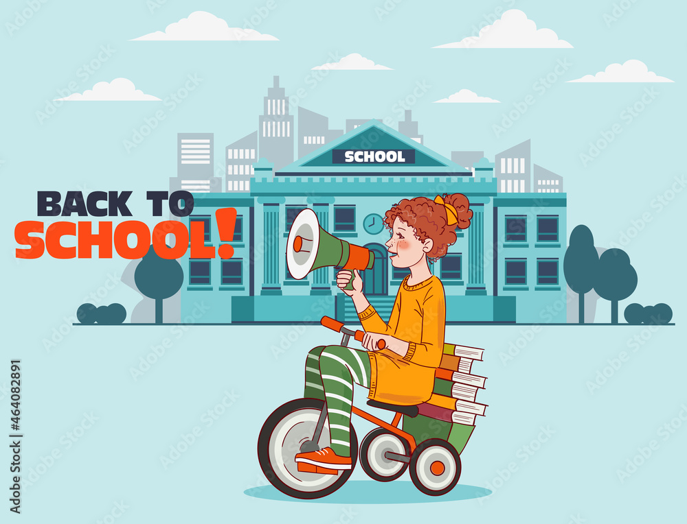 Cute kid rides on bicycle. Funny girl shouting on the megaphone. Back to school vector illustration
