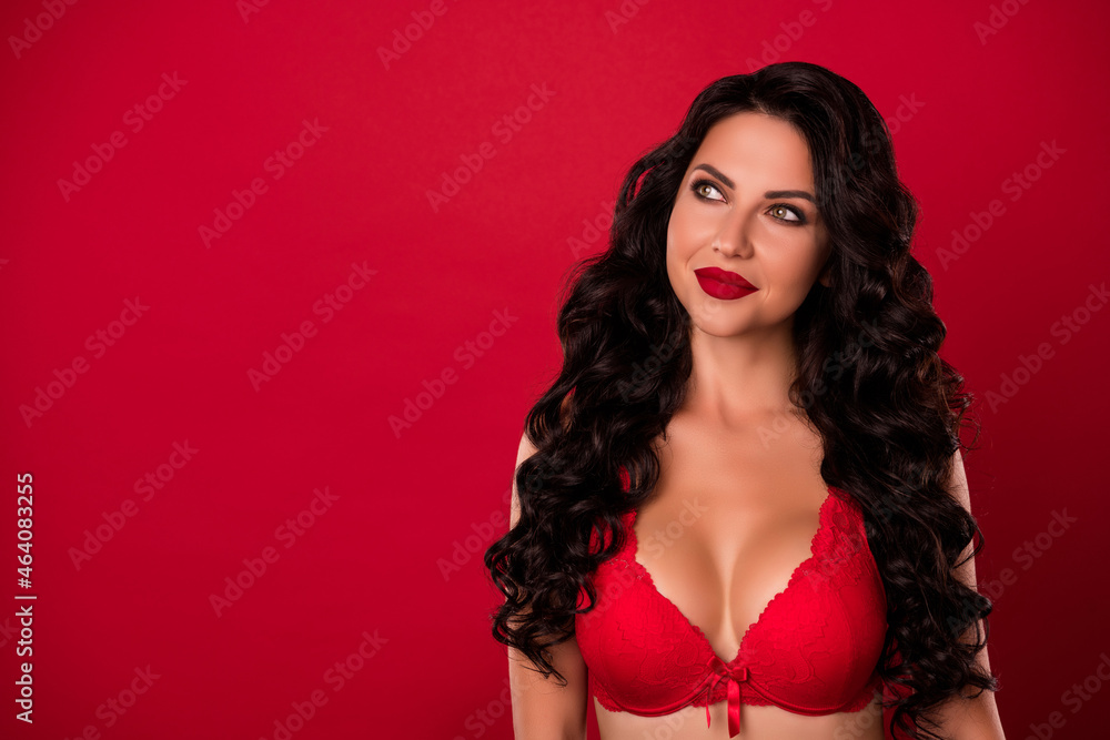 Portrait of attractive glamorous nude minded wavy-haired girl lover thinking copy space isolated over shine red color background Portrait of attractive glamorous nude minded wavy-haired girl lover thinking copy space isolated over shine red color background