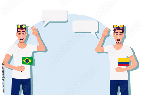 Men with Brazilian and Colombian flags. Background for the text. The concept of sports, political, education, travel and business relations between Brazil and Colombia. Vector illustration. photo