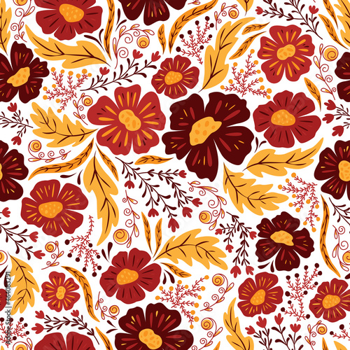 Autumn floral seamless pattern on white. Flowers  leaves and plants. Doodle background. Fabric art