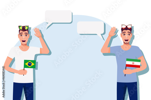 Vector illustration of people speaking the languages of Brazil and Iran. Illustration of translation, transcription and dialogue between Brazil and Iran.