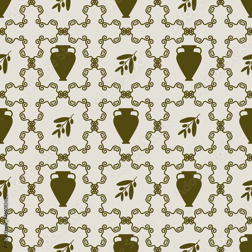 Seamless vector vintage pattern with greek amphora and olive brunch. Endless background with ancient urn in white and olive colors. Texture for menu, warp, textile